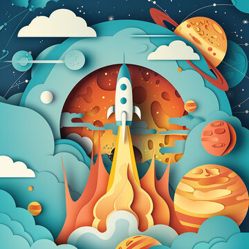 Space background with rocket, planets, stars and clouds.Paper collage.