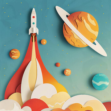Rocket and planets in space. Paper art style. Vector illustration.