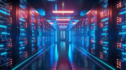 High-security cybersecurity data center, glowing servers, digital protection