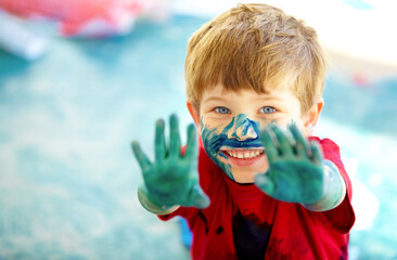 Children, paint and mess or play portrait, happy boys in preschool or childhood fun. Educational...