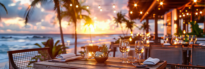 Fototapeta na wymiar Beachside Dining at Sunset, Where the Warmth of the Day Meets the Cool of the Evening, Offering a Feast for the Senses