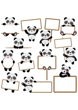 Set digital collage of panda with blank banners