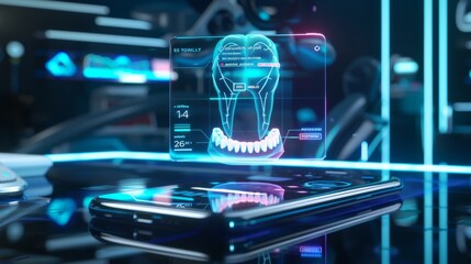Innovative dental health app interface displayed holographically above smartphone in futuristic setting