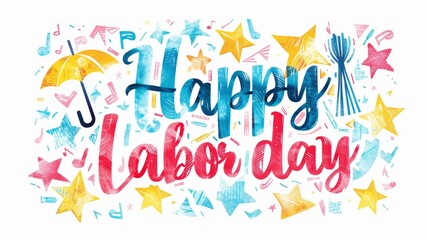 Happy Labor day - lettering calligraphy on background with stars