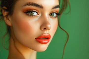 A beautiful woman with orange eyes and green background.