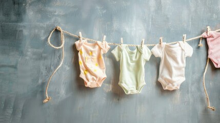 Baby clothes hanging on rope on grey background, A row of baby clothes hanging on a clothesline. The clothes are all different colors and styles - obrazy, fototapety, plakaty