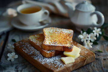 Stacked toast in a studio set for a simple breakfast.