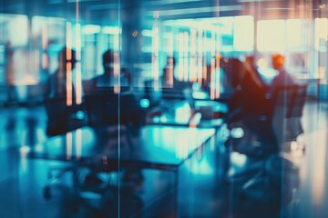 A blurred group of business people are having a meeting in an office