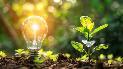 light bulb is lit up and is surrounded by green leaves. The light bulb is glowing brightly, creating a warm and inviting atmosphere. Concept of growth and vitality - obrazy, fototapety, plakaty