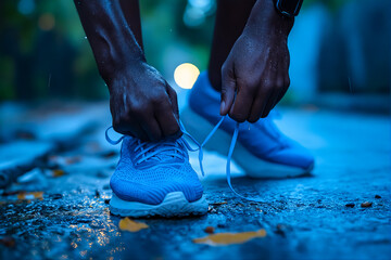 A person tying up their running shoes in the rain. - obrazy, fototapety, plakaty
