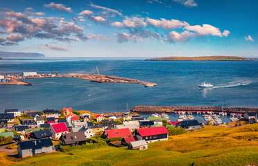 Sunny summer sityscape of Torshavn town. Astonishing morning scene of Streymoy island, Faroe,...