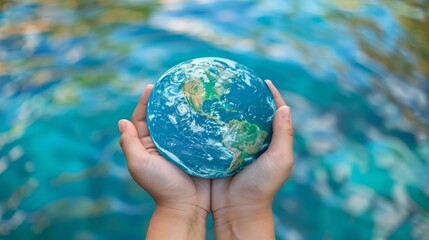 holds a global in their hand while standing in water. Concept of responsibility and awareness towards the environment, Sustainable development - obrazy, fototapety, plakaty