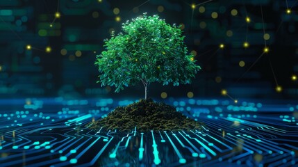Tree with soil growing on the converging point of computer circuit board. Blue light and wireframe network background. Green Computing, Green Technology, Green IT, csr, and IT ethics Concept - obrazy, fototapety, plakaty