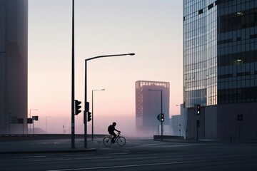 Cyclist riding through an empty city at dawn with modern buildings and soft light
