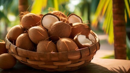 Basket overflowing with flavorful, exotic coconuts