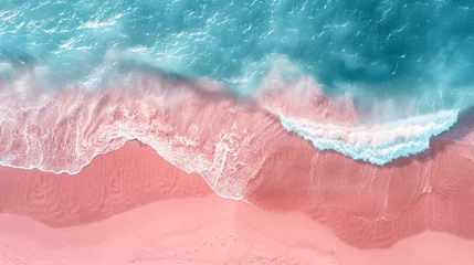  Top view of amazing pastel pink blue beach , copy space available, beautiful beach with pink water and pink sand, summer, water © Space_Background