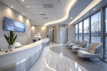 Modern dental clinic reception and waiting area with comfortable seating and minimalist decor