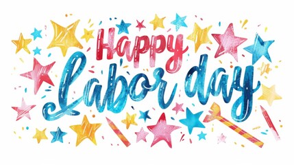 Fototapeta na wymiar Happy Labor day - lettering calligraphy on background with stars