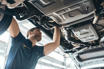 A mechanic is working on the undercarriage