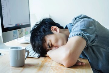 A young man in casual is lying on his desk