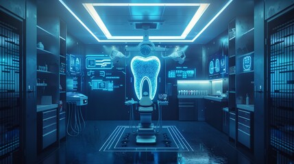 Advanced futuristic dental clinic interior with holographic displays and modern equipment