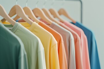 A rack with casual t-shirts hanging on wooden hangers, arranged in an organized and stylish manner against a white background. The shirts come in various colors including pastel - Powered by Adobe