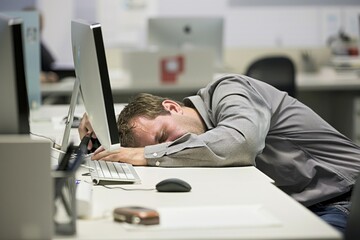 A man is sleeping at his computer desk