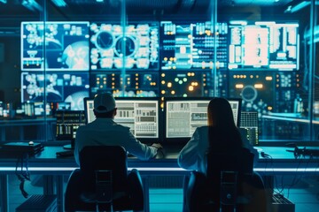Male and female engineers working together in a high-tech control room