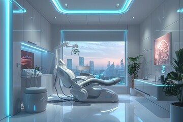Futuristic dental office with state-of-the-art equipment and cityscape view - Powered by Adobe