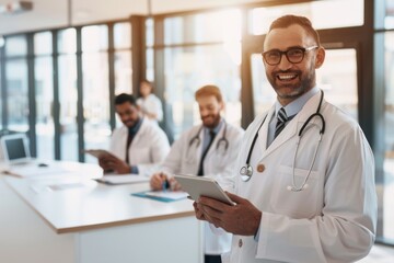 A doctor in a white coat with a stethoscope around his neck holding an iPad