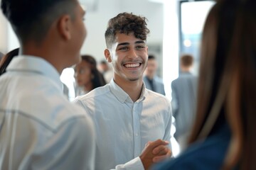 Closeup shot of two young smiling men shaking hands in an office setting