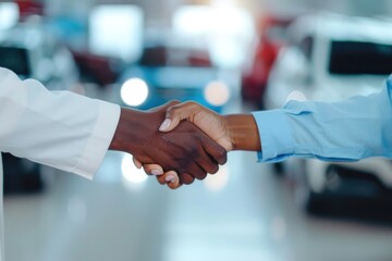 Closeup of two people shaking hands in a car showroom