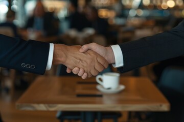 Businessmen shaking hands over coffee
