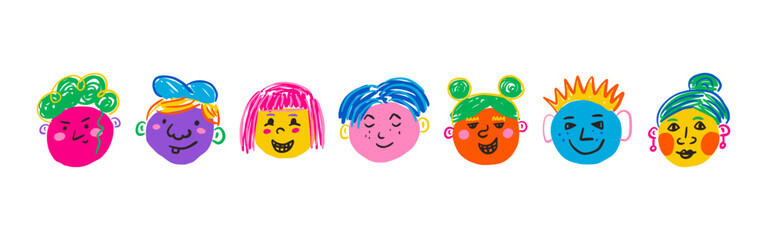 Colorful people face set. Funny portraits, modern abstract character in doodle style. Vector hand drawn illustration