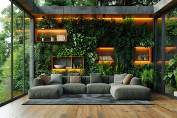 A modern interior design showcasing eco-friendly materials and sustainable practices - obrazy, fototapety, plakaty