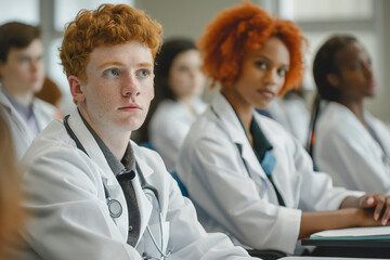 A group of medical students in white lab coats is attentively listening during a lecture.