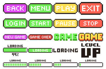 Game Pixel Text. Mega bundle. back, menu, play, exit, log in, start, pause, stop, new game, game over, loading, level up. Vector Illustration © Aurora Palette