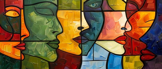 Cubist faces, bold colors, profiles in unity, abstract art