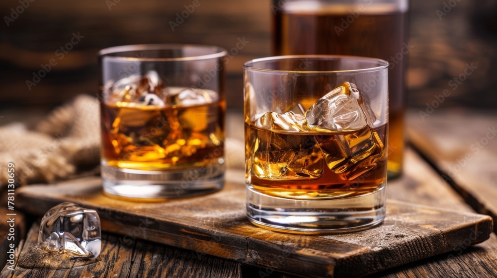 Poster Two glasses of whiskey with ice on a wooden tray