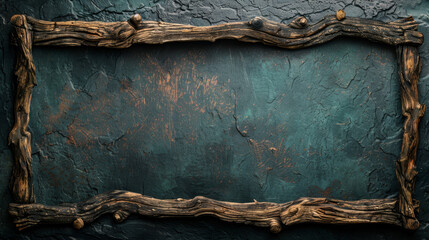 Rustic driftwood framing a textured teal-coloured wall. - obrazy, fototapety, plakaty