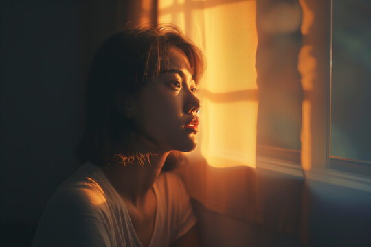 A woman gazes thoughtfully out of a window, with warm sunlight casting shadows on her face.