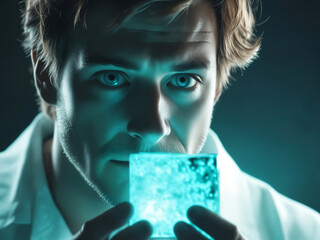 male scientist with blue glowing cube