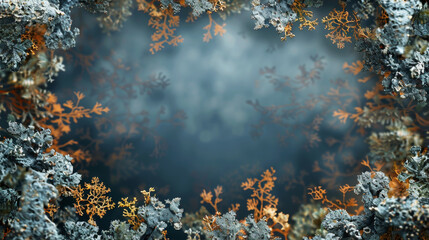 Navy blue and orange lichen frame on a textured backdrop.