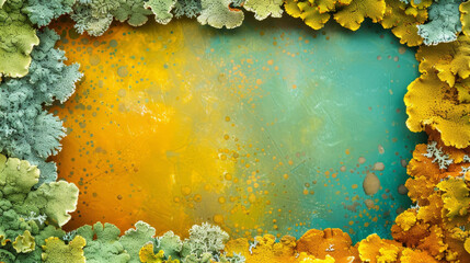Bright abstract texture of lichen in vibrant yellow and blue. - obrazy, fototapety, plakaty