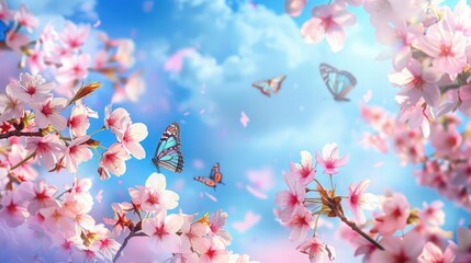 A close-up view of a butterfly gracefully resting on cherry blossom flowers, its vibrant wings...