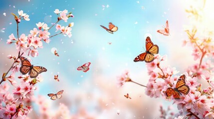 A delicate butterfly perched on a cluster of cherry blossom flowers, basking in the warm sunlight. 