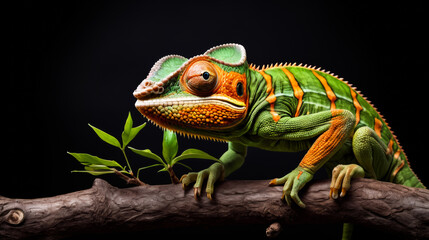 Green lizard with orange and red patterns on its body is perched on branch.