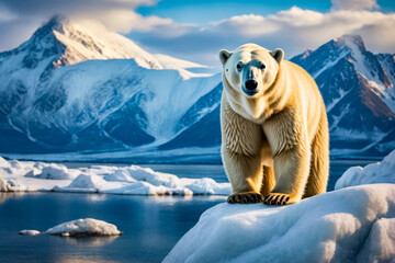 Polar bear stands on frozen lake with snow covered mountains in the background.