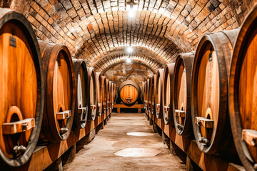 Barrels of wine are lined up in brick tunnel with lights illuminating the interior. - Powered by Adobe