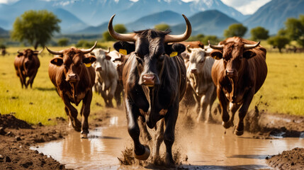 Herd of cattle is walking through muddy field with one cow having large horns and appearing to be...